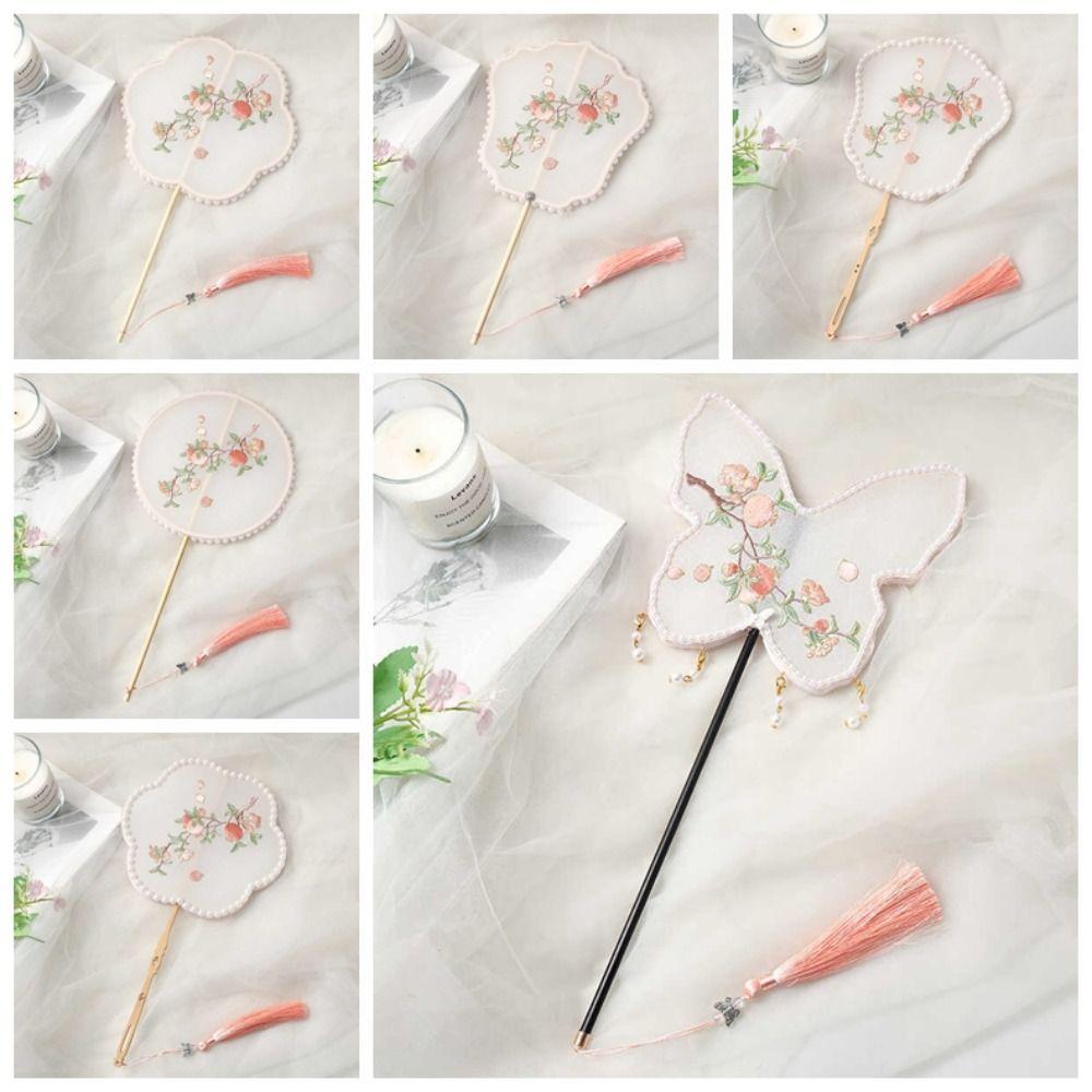 Handmade Embroidery Ancient Style Long Handle Fan Classical Flower Shape Fan  Summer