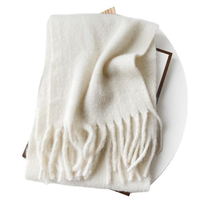 Solid color mohair scarf women's versatile high-end sense thickened warm white wool scarf scarf shawl