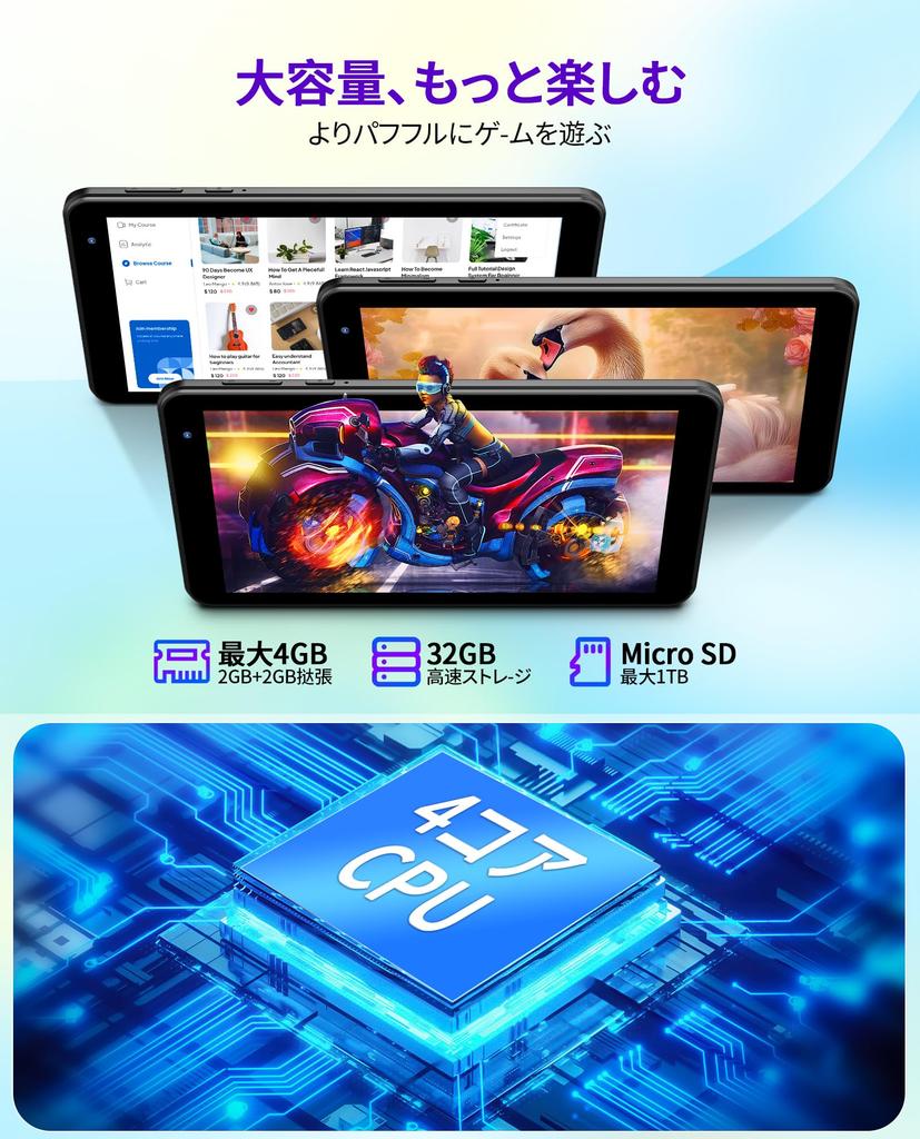 Android 13 Tablet with SD Card 3500mAh WIFI IPS and Japanese Instruction GMS 7-inch Wi-Fi 4GB+32GB+1TB Expansion, Quad-Core CPU, Battery, BT5.2, 6,