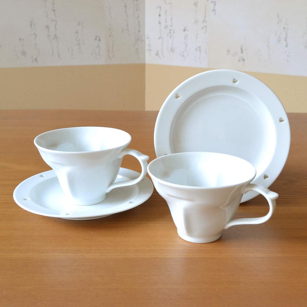 Wedding Gift Present Arita Ware Heart Shape Coffee Cup Saucer Pair Heart In Clover Clear Comes with Noshi and Message Card &