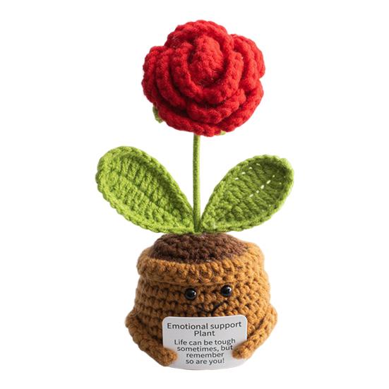 Heklet potteplante med positivt kort Emosjonell støtte Håndlaget strikket potteplante Dukke Stressreduserende leketøy Skrivebordsdekorasjon Ornament