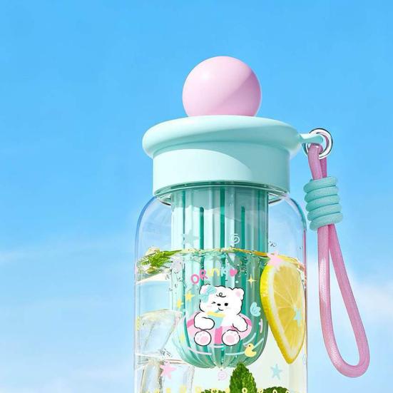 500ML Large Capacity Cartoon Water Bottle with Straw Heat-Resistant Leakproof Transparent