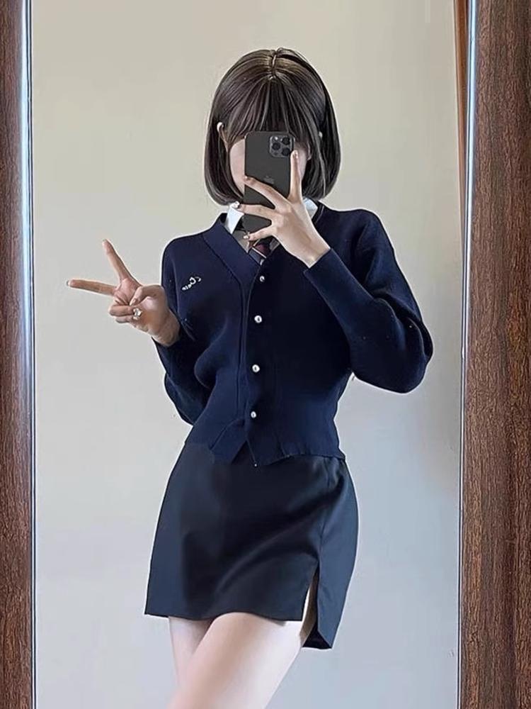 Trendiger JK College V-Ausschnitt Cardigan: Damen Strickpullover, Langarm Herbst Oberbekleidung