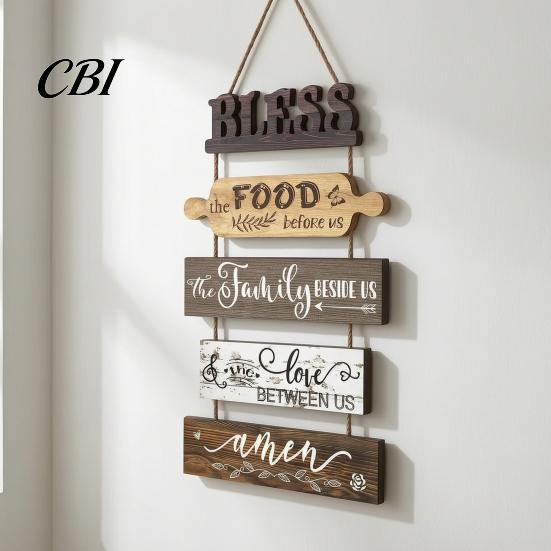 Solid Wood Bless Sign Wooden Kitchen Wall Decor, 5 Panel Food Family Love Plaque with Rope Hanging Sign, Farmhouse Art for Dining Room Living Pastoral