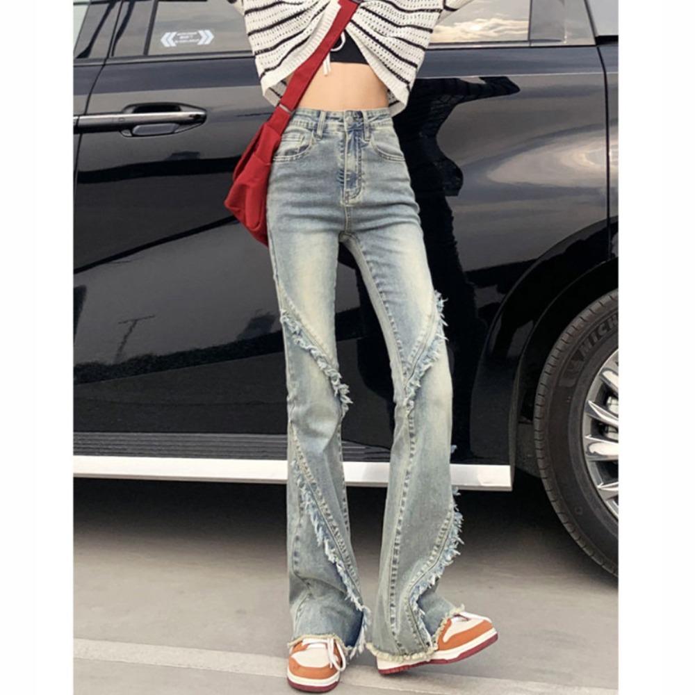 Rough edge slightly pulled jeans women's spring and autumn new American retro horseshoe pants slim and thin flared jeans