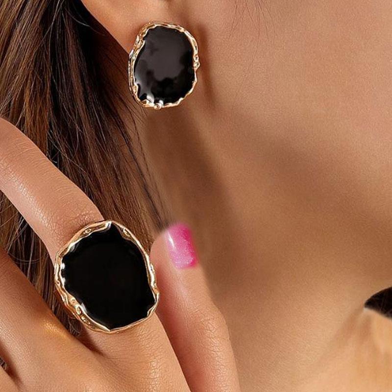 New Fashion Vintage Earrings Enamel Rings Punk Classic Black Oil Drip Imitation Black Stones Enamel Ring Luxury Jewelry Set