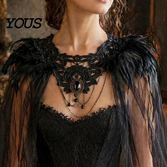 Feather Cape for Halloween Gothic Cloak Men Women, Tulle with Women's Party Wrap Shawl Shrug Shoulder Witch Cosplay Costume, Stage Performance Collar