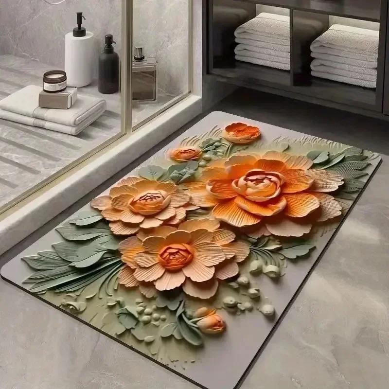 3d Flower Printed Bath Mat Non Slip Bathroom Rug Super Absorbent Kitchen Doormat Home Laundry Room Decor Porch Entrance Carpet