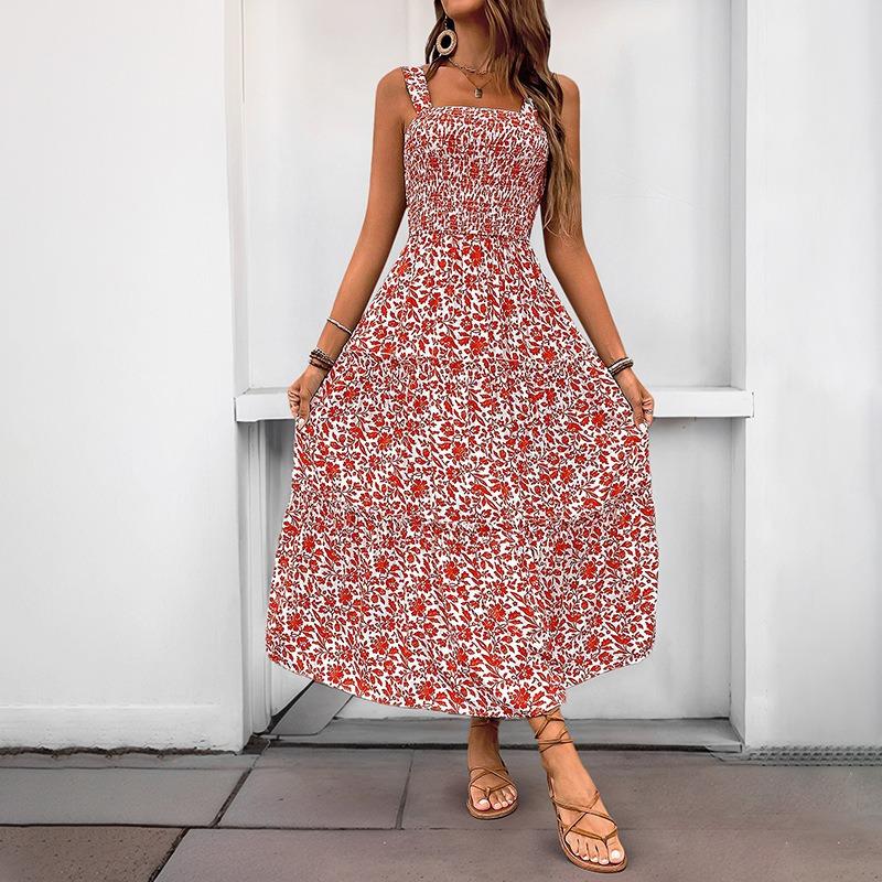 Summer Long Sleeveless Elastic Waisted Printed Camisole Dress