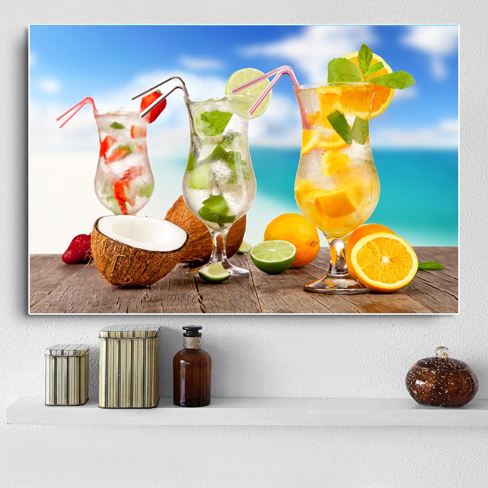 Modern Fresh Fruit Juices and Cocktails Canvas Painting Summer Sea Wall Picture Posters and Prints for Living Room Decor Cuadros