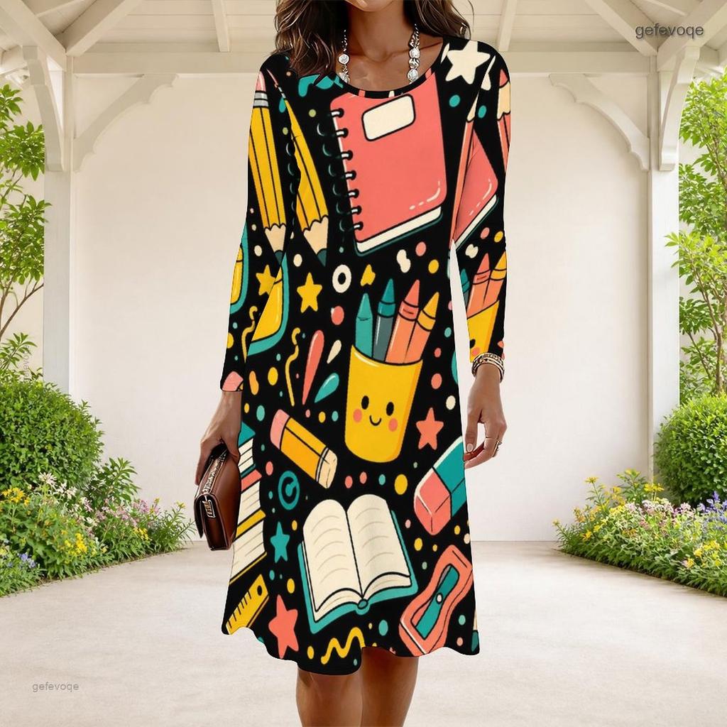 Women Plus Size Round Neck Long Sleeve Cartoon Excavator Printed A Line Flared Hem Dress