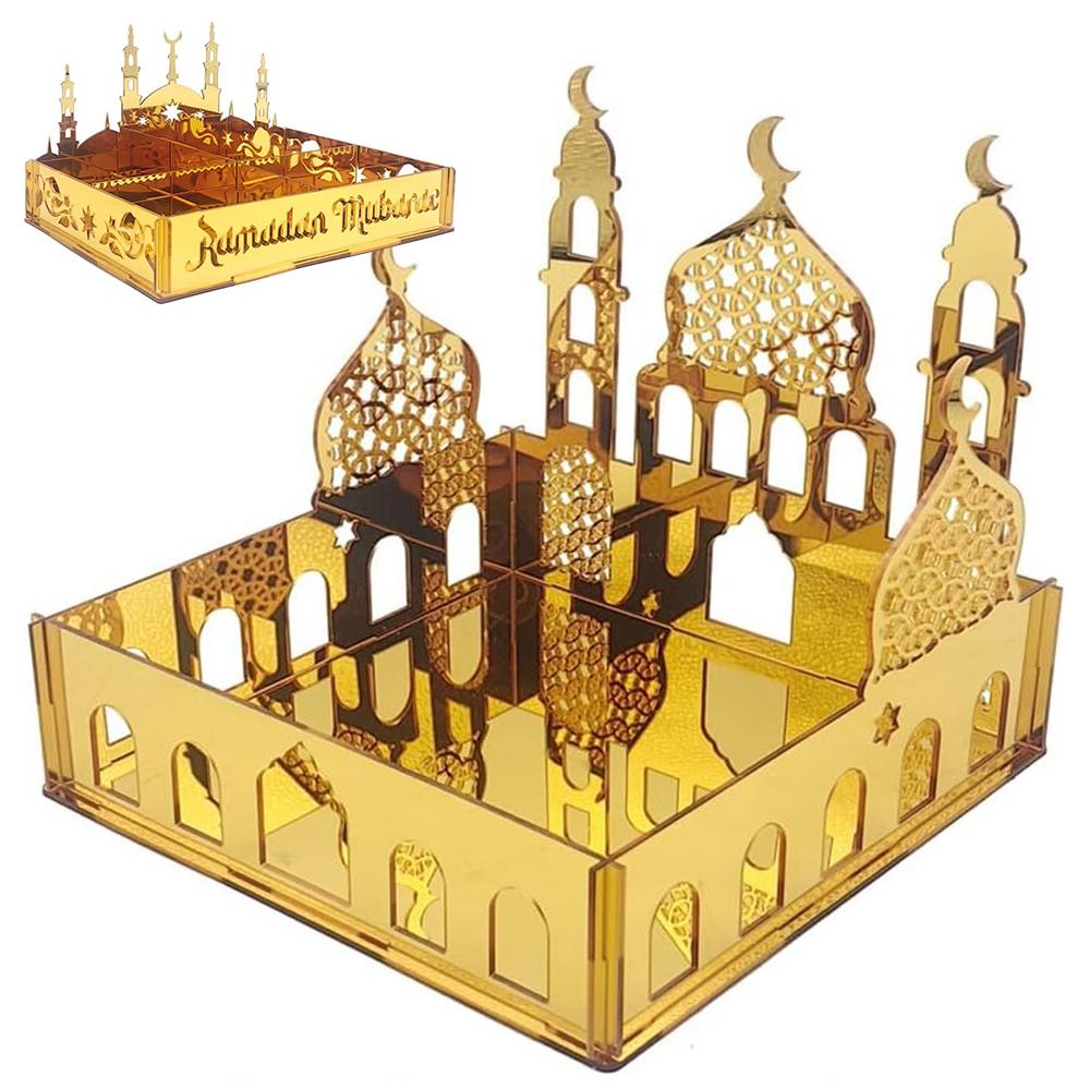 Ramadan Tray Eid Mubarak Serving Tray Hollow Palace Acrylic Mirror Tray Fruit Plate Tableware Dessert Platters DIY Display Holder Ramadan Decor