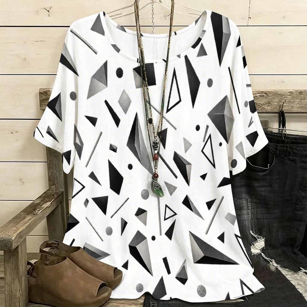 Women Plus Size Round Neck Batwing Short Sleeve Geometric Printed Loose White T Shirt