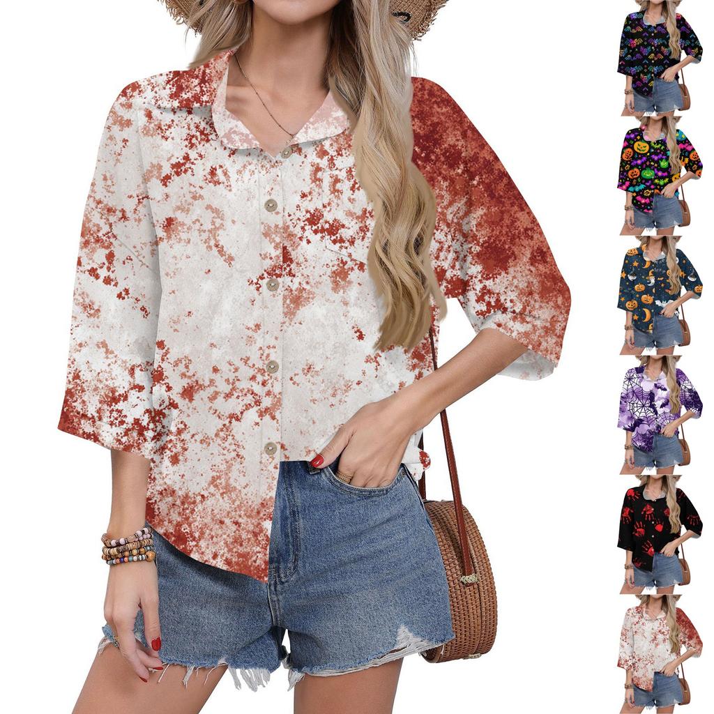 Women's Casual Printing Button-down Shirt Three-quarter Sleeve Dress Shirt Lapel Work Shirt With Pockets