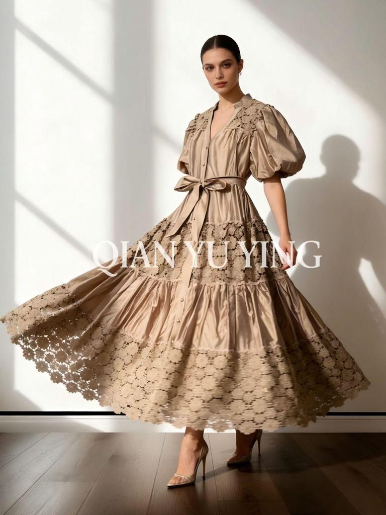 Elegant 2026 French Lace Crochet Patchwork Waist-Cinching Tie Court Style Dress