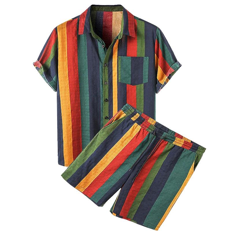 Men's Beach Style Hawaiian Two-Piece Shirt Set Colorful Striped Short Sleeved Shorts Set