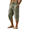 Men Linen Casual Outdoor Cargo Seven Shorts Multi Pocket Loose Fit Lightweight Drawstring Waist