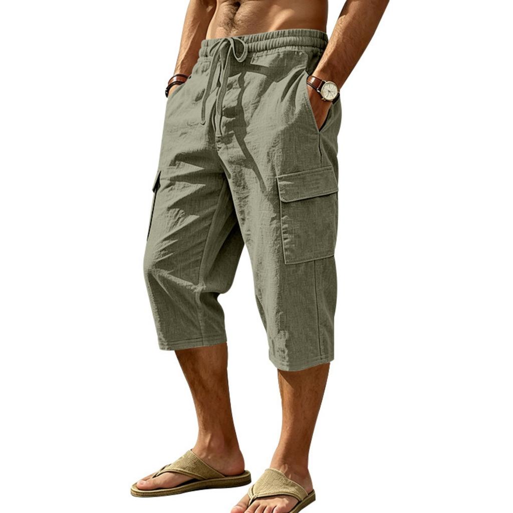 Men Linen Casual Outdoor Cargo Seven Shorts Multi Pocket Loose Fit Lightweight Drawstring Waist