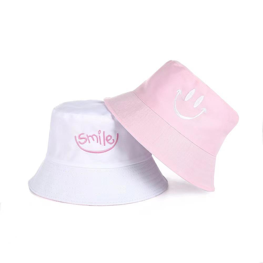 Bucket hat women sunshade sunscreen hat travel beach basin hat embroidery Korean version double-sided smiley hat