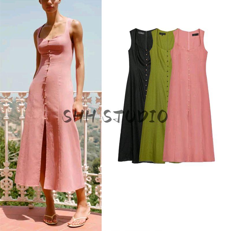 Summer Women Clothes Holiday Style Decorated Row Button Square Collar Linen Blend Midi Dress 6962030 6962029