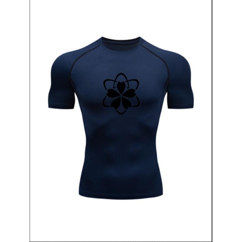 Men'S Cherry Blossom Print Compression T-Shirt, Quick Dry Short Sleeve Gym Workout Tee, Japanese Style Athletic Fitness Training Top