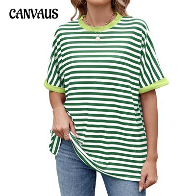 Women's Summer New Stripe Clash Colour Round Neck Loose Short Sleeve T-Shirt Top
