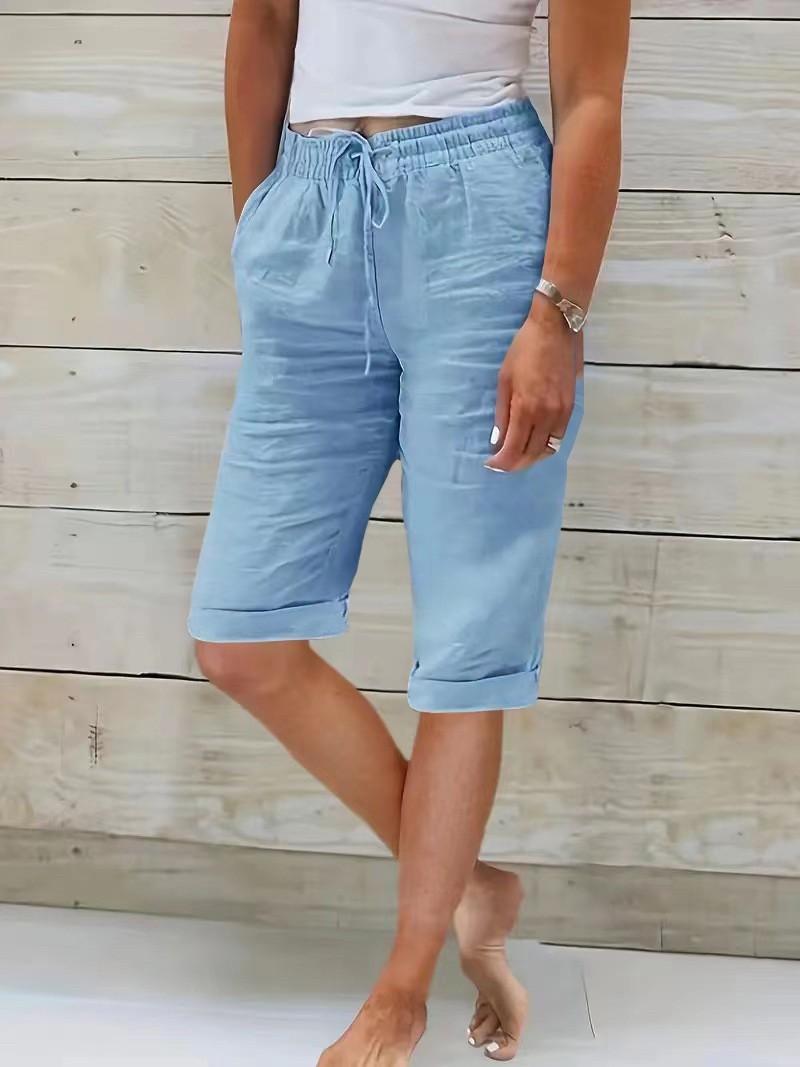 

Womens Summer Elastic Waist Pocket Pocket Color Cotton Linen Wide Leg Pants Loose Pants L синій
