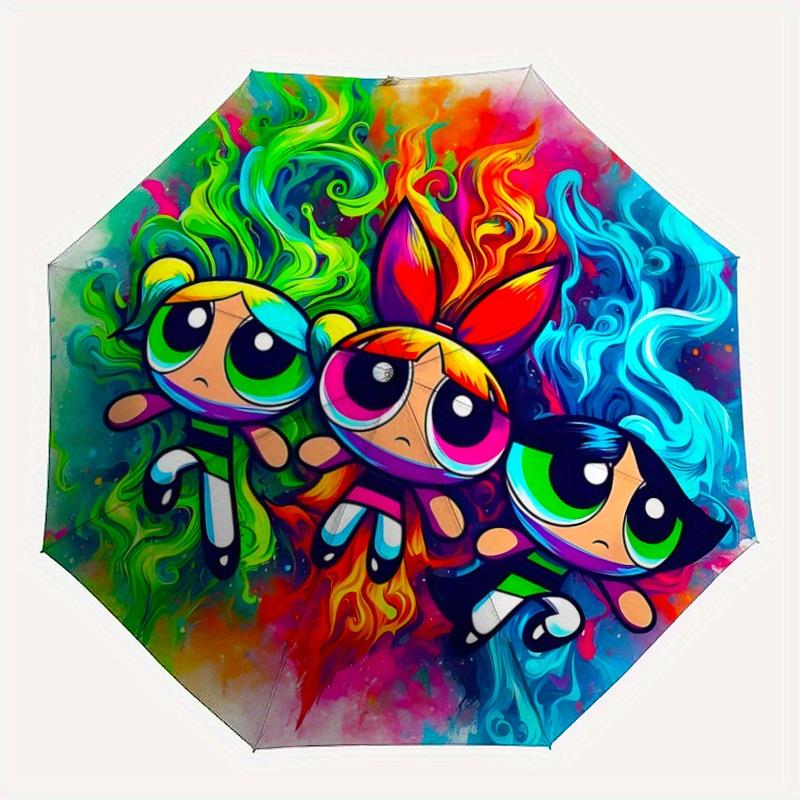 1pc Powerpuff Girls Automatic Opening Folding Umbrella - 8 Bone Iron Frame, Portable Design, Outdoor, Ideal Gift for Fans, Travelers, Daily Use.K