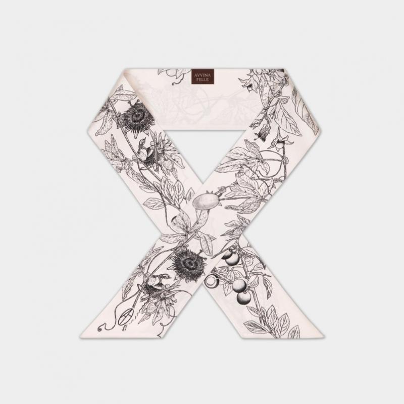 AVVINA PELLE Long Twilly Silk Scarf   Cream   Model  Botanic Garden