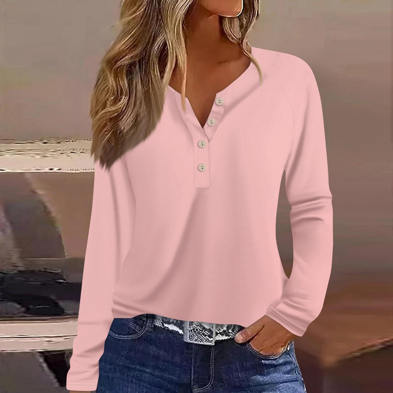 

Женская модная повседневная однотонная футболка с V-образным вырезом и длинным рукавом на пуговицах XL розовый