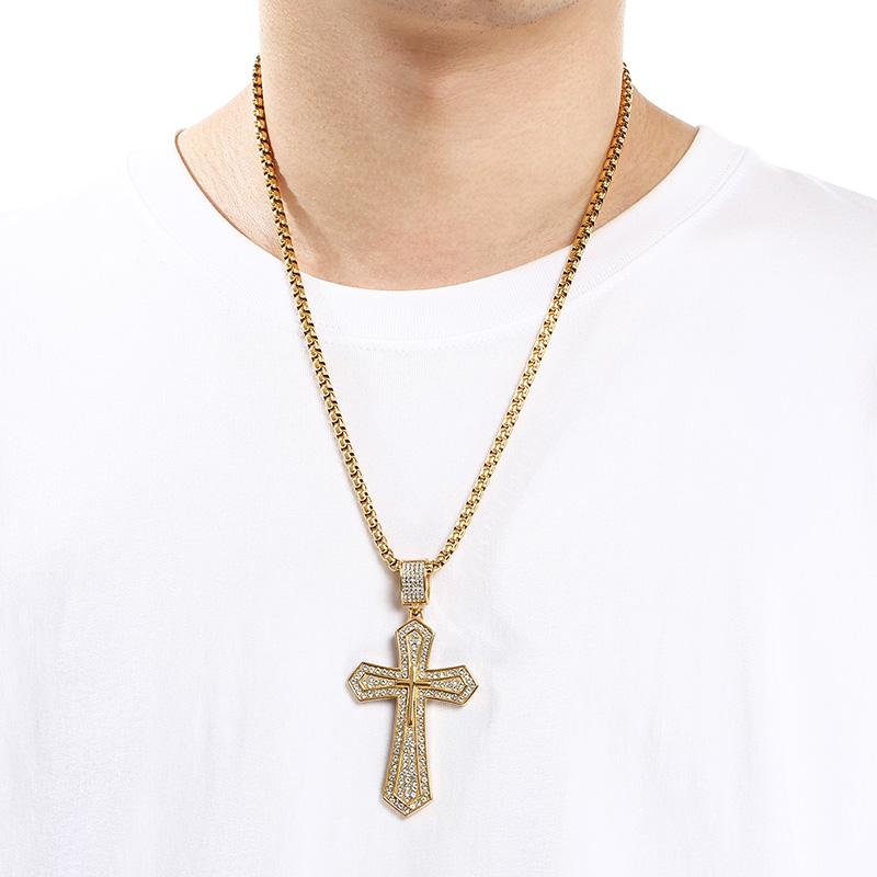 Stainless Steel Iced Out Cross Pendant Necklace for Men 18K Gold Color Cubic Zirconia Jewelry Chunky Rock Party Accessory