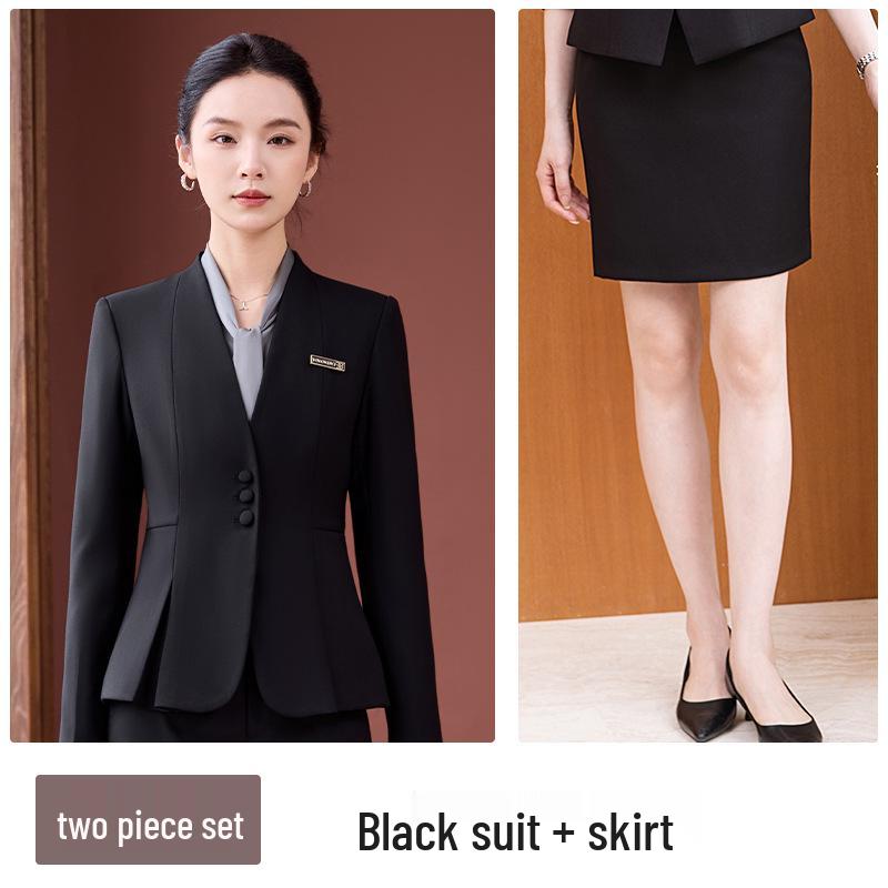 Elegant Collarless Women's Suit Set for Hotel Manager & Receptionist Spring/Autumn Workwear
