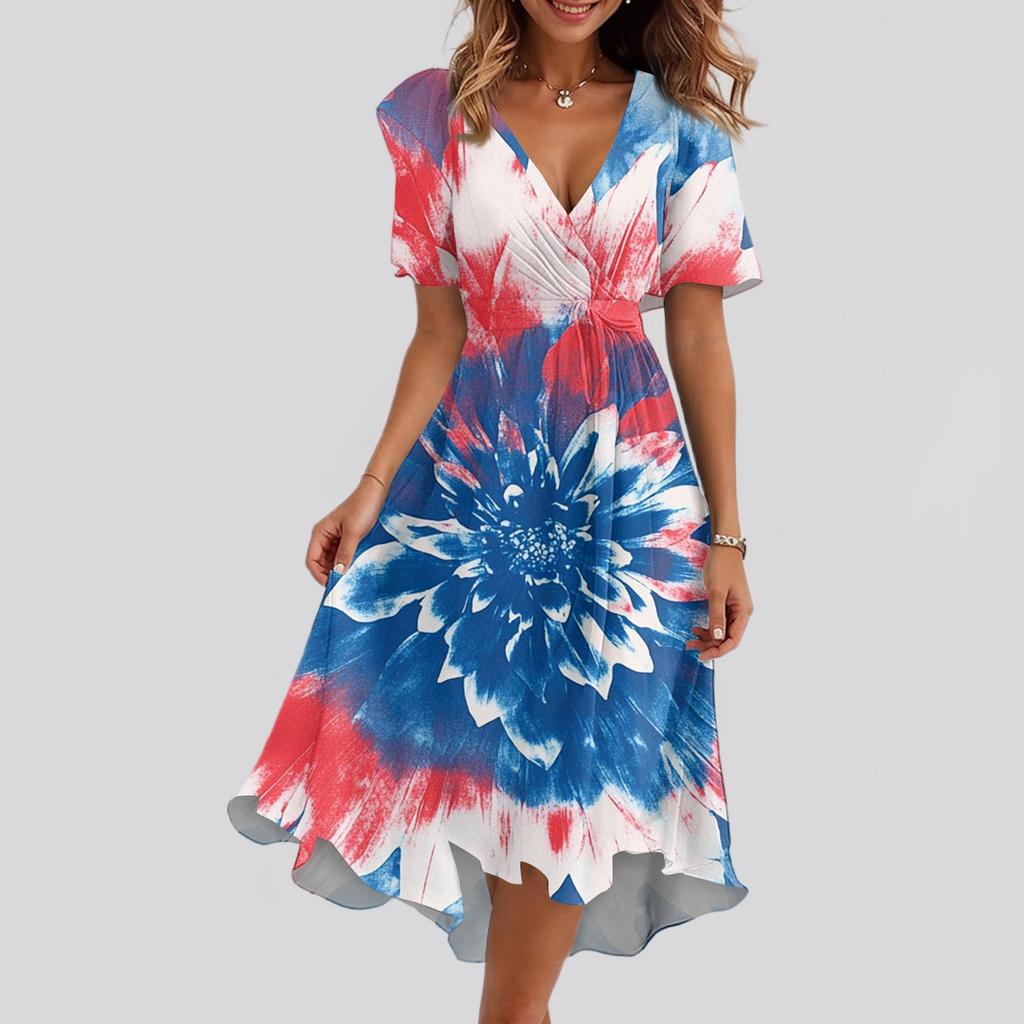Abito Stampato da Donna Casual Ampio Scollo a V Maniche Corte Gonna Svasata Abito Stampato
