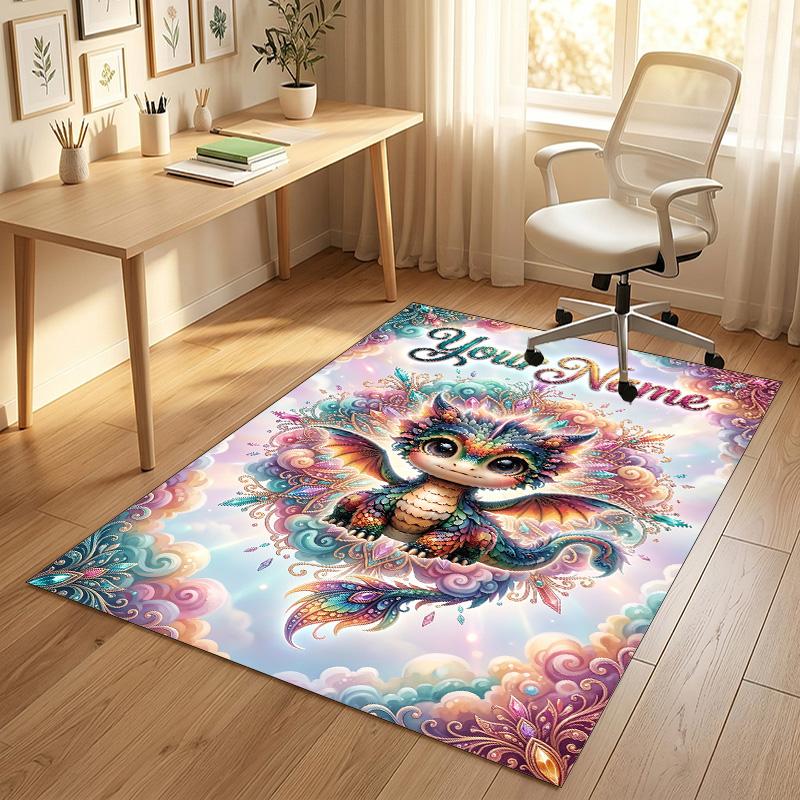 Dragon Phoenix Theme Crystal Velvet Rug Personalized Custom Name Text Soft Floor Mat Home Decor