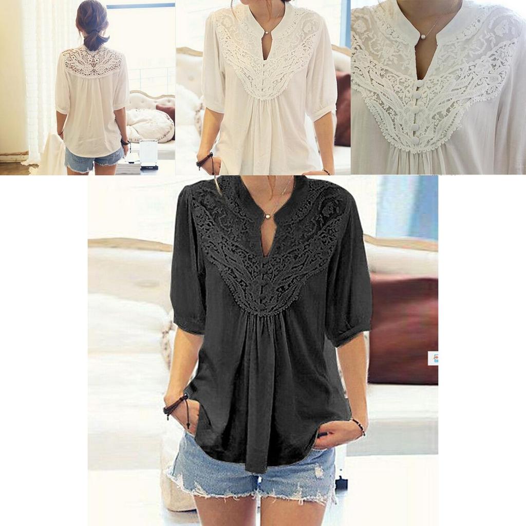 Ladies Hollow Blouse T Shirts Tops Lace Tunic Top Shirt Freesize Chiffon