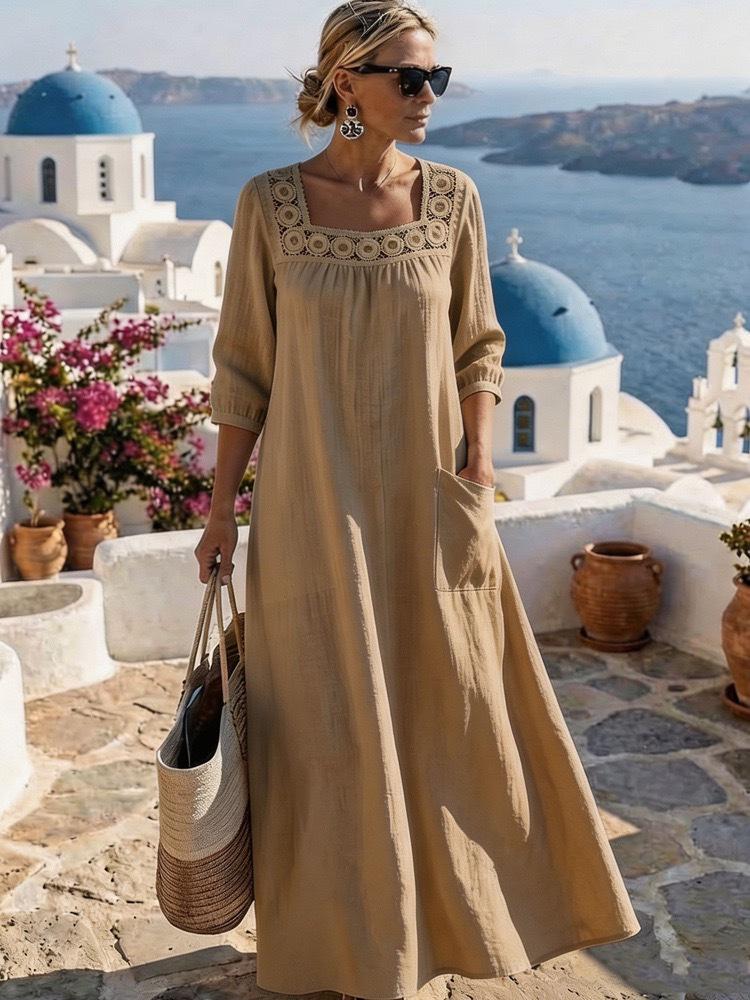 New Style Solid Color Square Neck Lace Patchwork Long Skirt Dress with Seven-Sleeves for Women