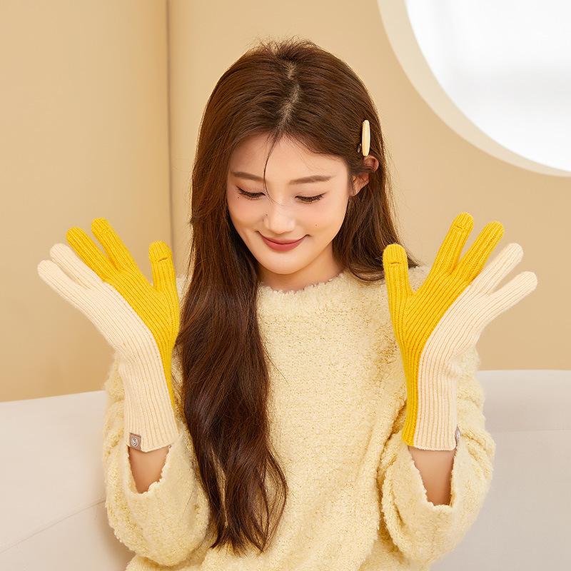 Autumn and Winter Stitching Color Knitted Ladies' Warm Gloves Dew Finger Touch Screen Cold Proof Wool Gloves