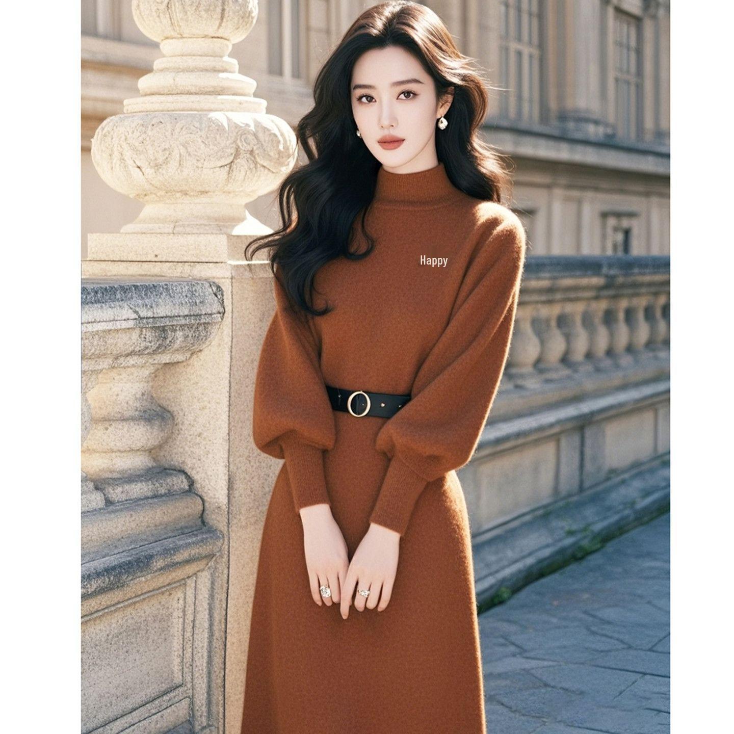 Elegant French Socialite Goddess Style Coffee Knit Dress for Autumn/Winter Small