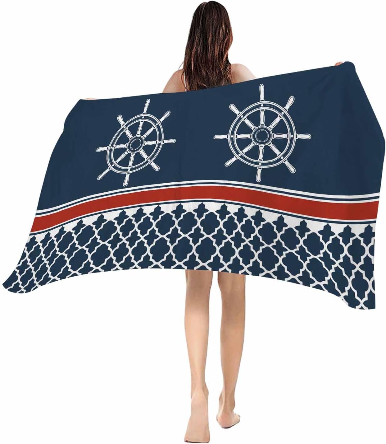 

Beach Towel Nautical Anchor Bath Pool Towels Red Navy Blue Geometric Stripes Soft Absorbent Beach Towel Lightweight Large Quick W40*H60(CM)