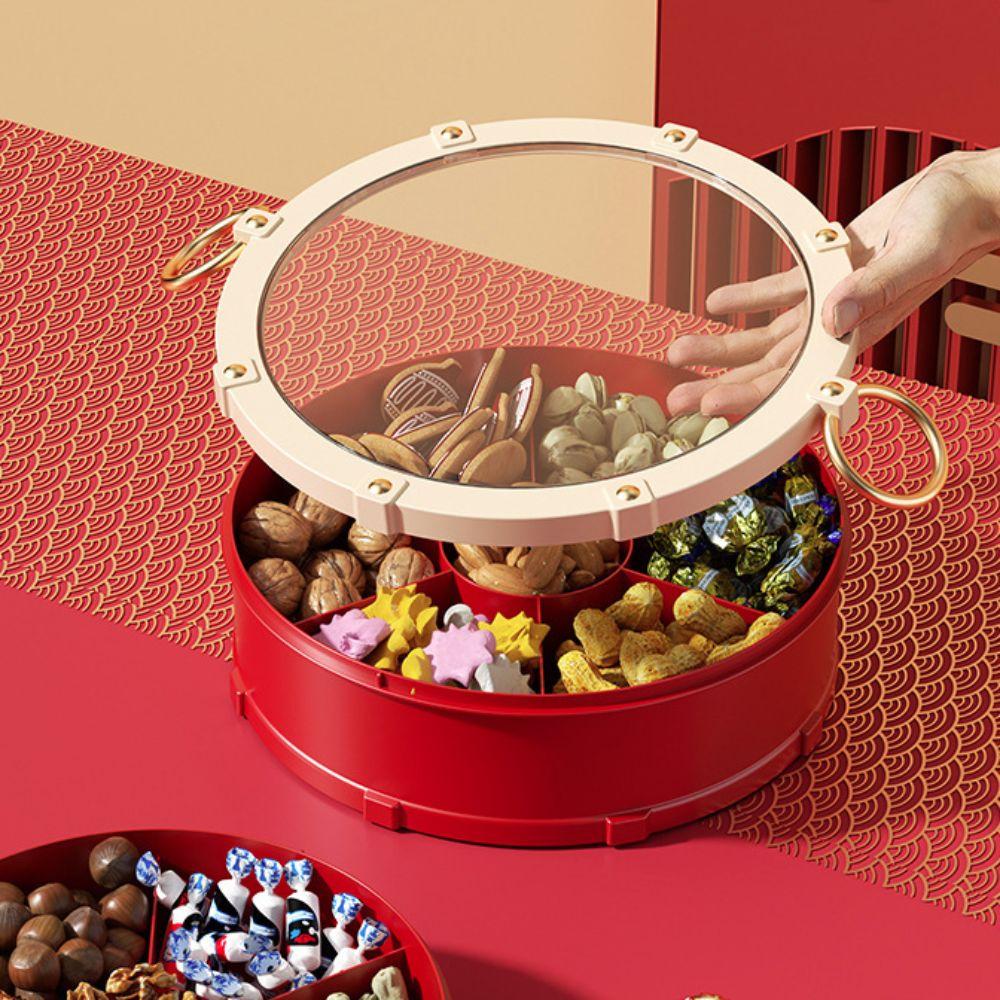7-Compartment Drum Shape Nut Serving Tray Round Dustproof New Year Candy Box with Lid Sealed Spring Festival Snack Serving Plate