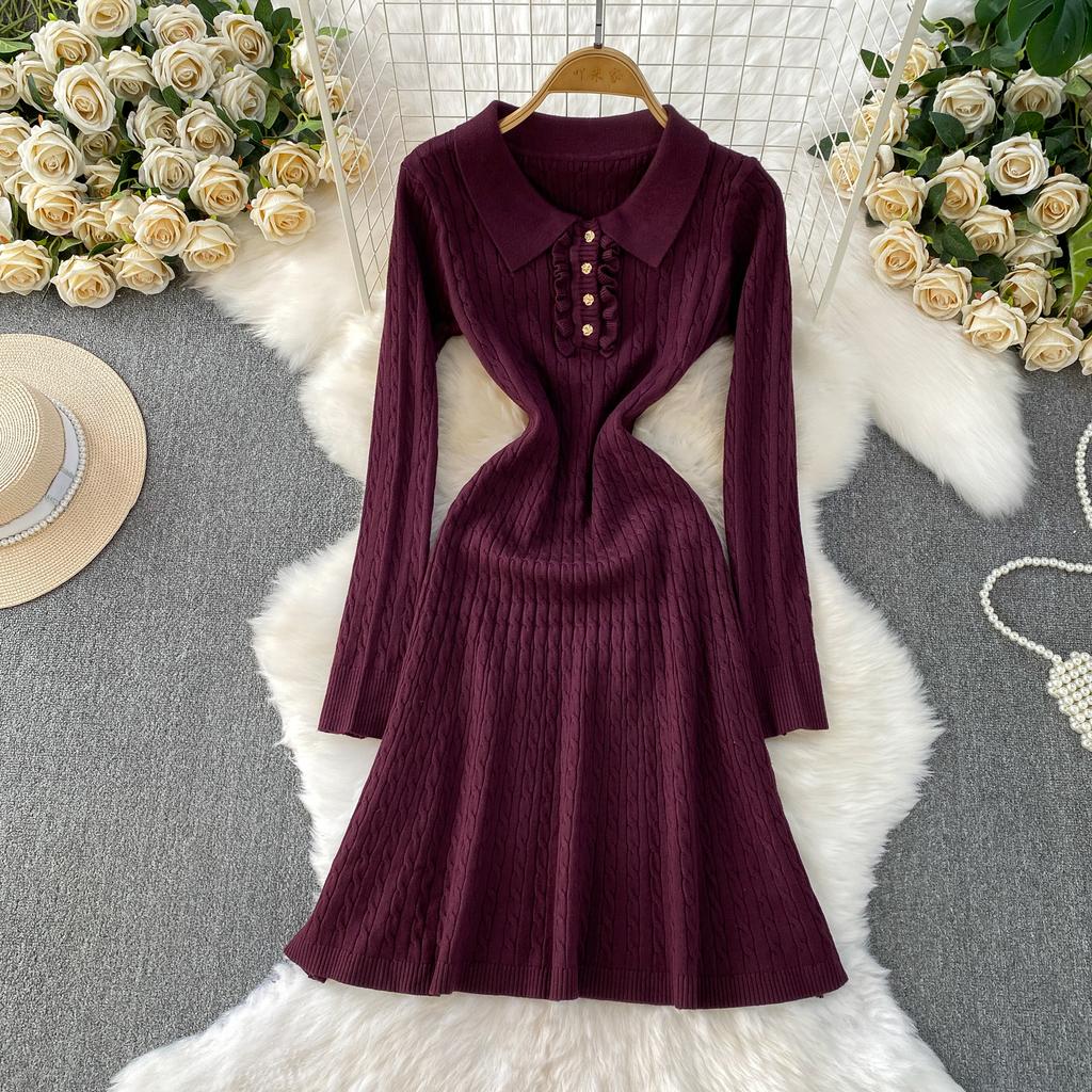 Autumn Winter High Waist Polo Knitted Umbrella Dresses  New Long Sleeve Casual Loose Sweater A-line Dresses Female