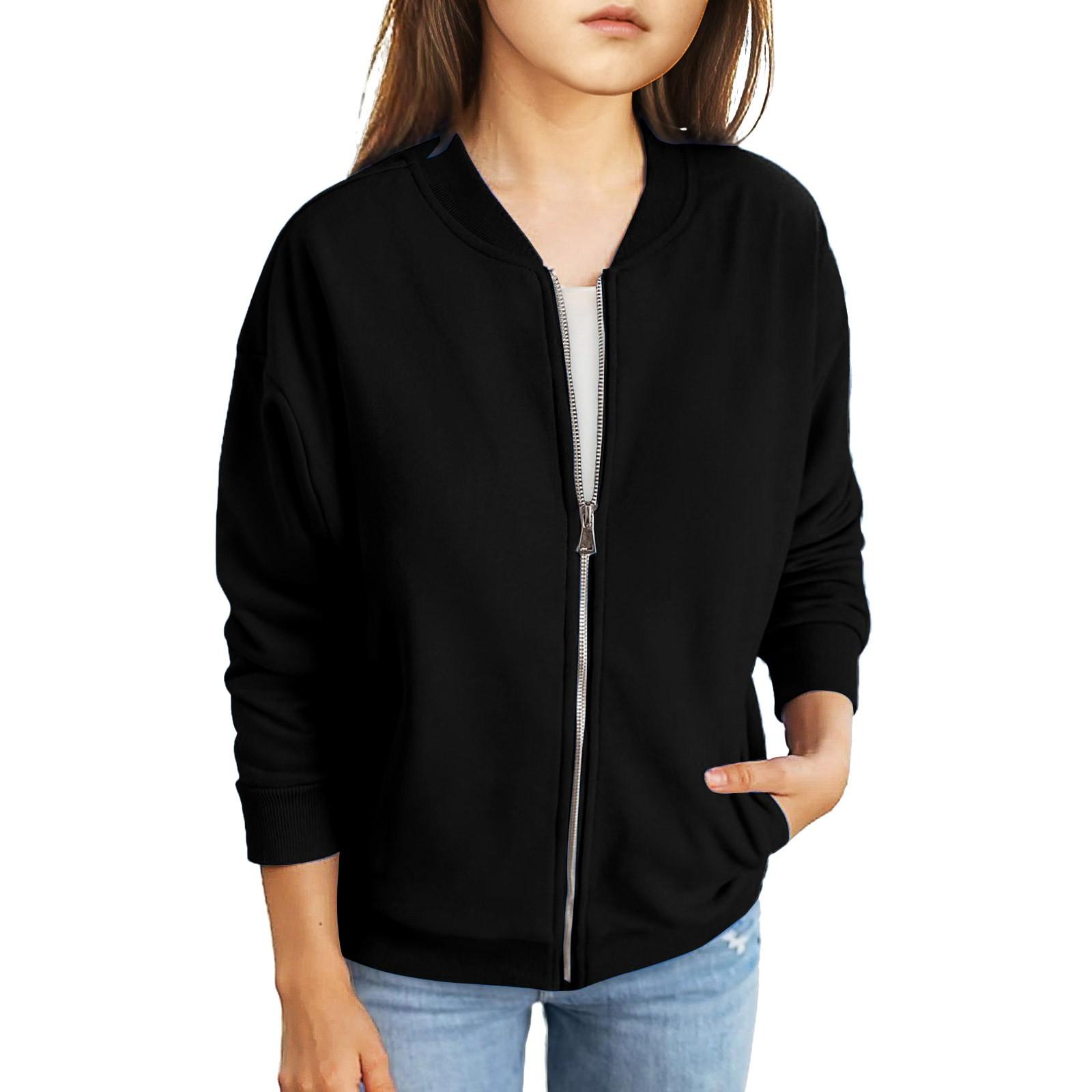 

Куртки на молнии для девочек, детские осенние толстовки с длинными рукавами, верхняя одежда с карманами 5-15 лет 160 чёрный