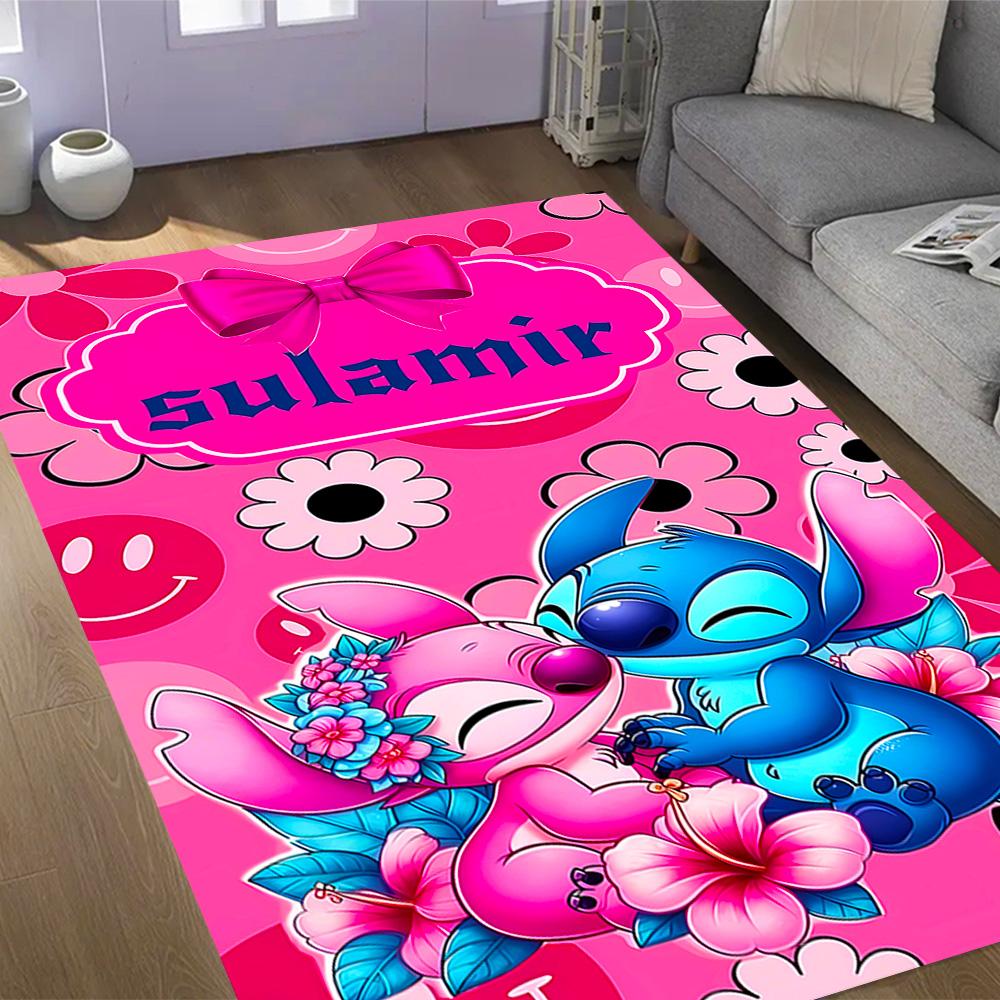 Stitch Adventure In Flowers Disney Cartoon Theme Anti-Slip Rug - Polyester, Home Decor, Suitable for Bedrooms, Living Rooms, Doorways, and Studios