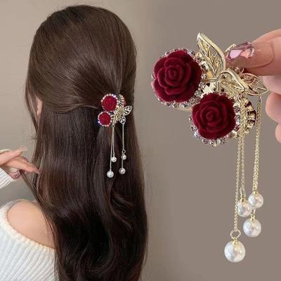 Retro Cherry Rose Rhinestone Pearl Tassel Hair Claws for Women Girls Party Hair Accessories Red Hair Clip Crabs Sweet Hairpins
