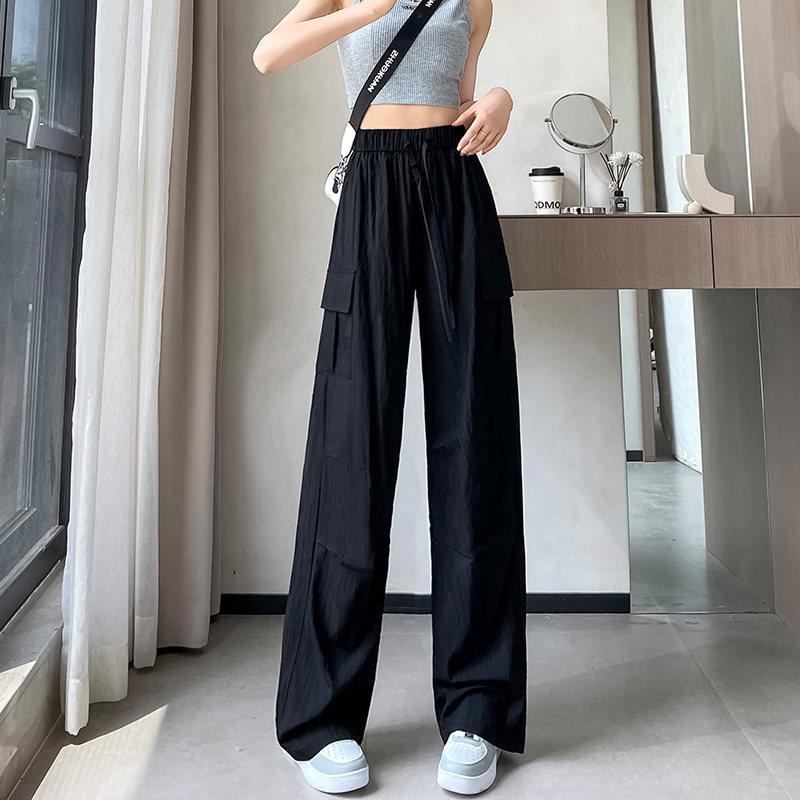 Women's Small Straight Leg Work Pants - Summer Ice Silk, Designer-Style, Elastic High Waist, Wide Leg, Floor-length