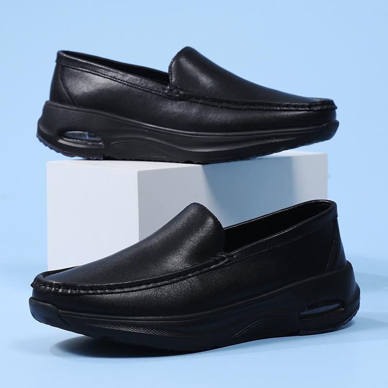 Four-Season Air Cushion Nurse Shoes for Men: Hollow-out Thick Sole Genuine Leather, Breathable Soft Sole, Lightweight Work Shoes