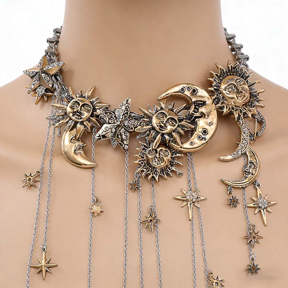 Vintage Metal Stars Moon Tassels Waterfall Pendant Necklaces for Women Men Y2K Hiphop Punk Party Jewelry Neck Accessories