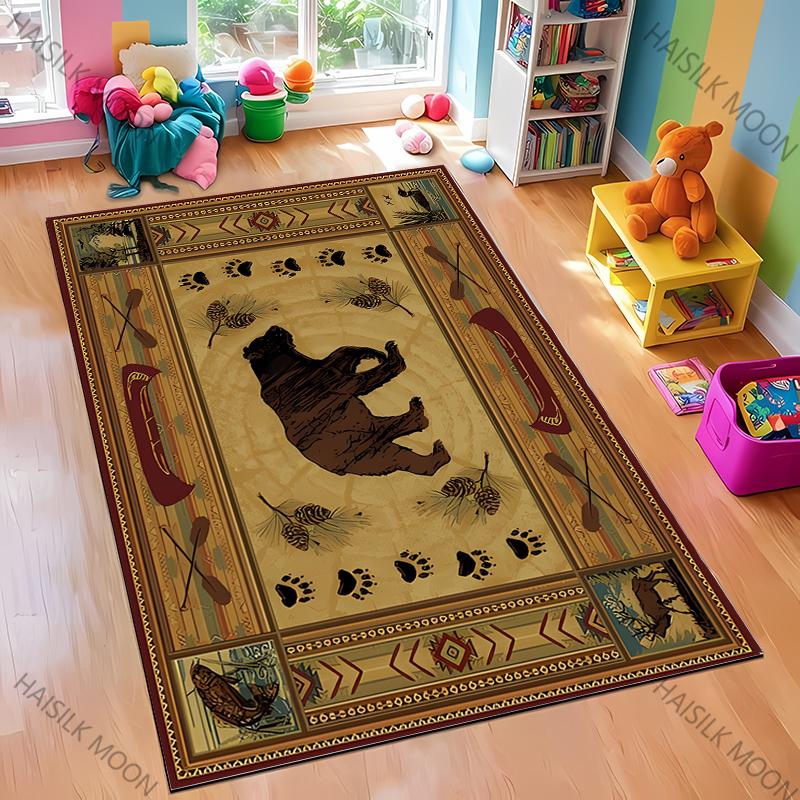 Dywan w stylu retro skandynawskim z motywem nadruku niedźwiedzia łosia, miękki dywan odpowiedni do jadalni, salonu, pokoju zabaw dla dzieci, mata podłogowa
