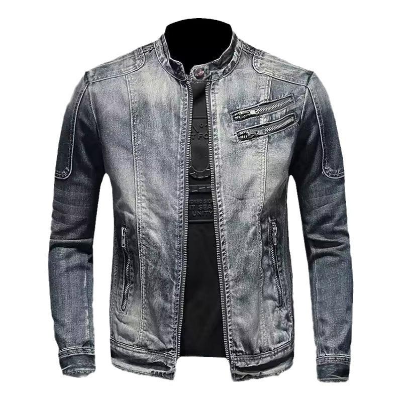 Herren Retro Stehkragen Reißverschluss Denim Motorradjacke - Trendiges Casual Sport Revers Oberteil.