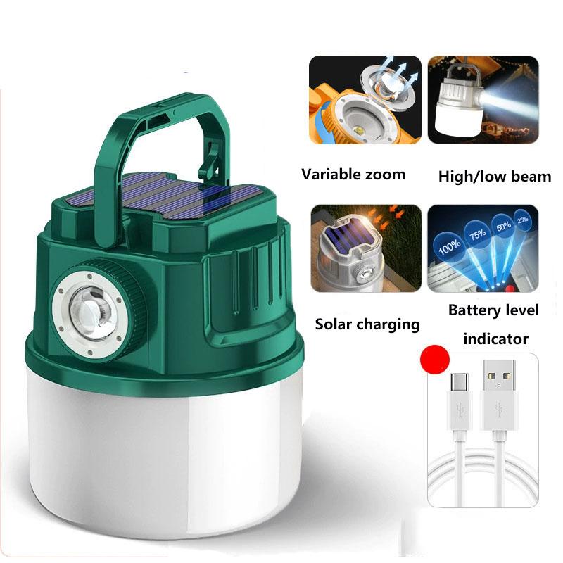 Solar Charging & USB Charging Outdoor Camping Light Hangable Battery Level Indicator Adjustable Distance Camping Light High Power Handheld Lantern